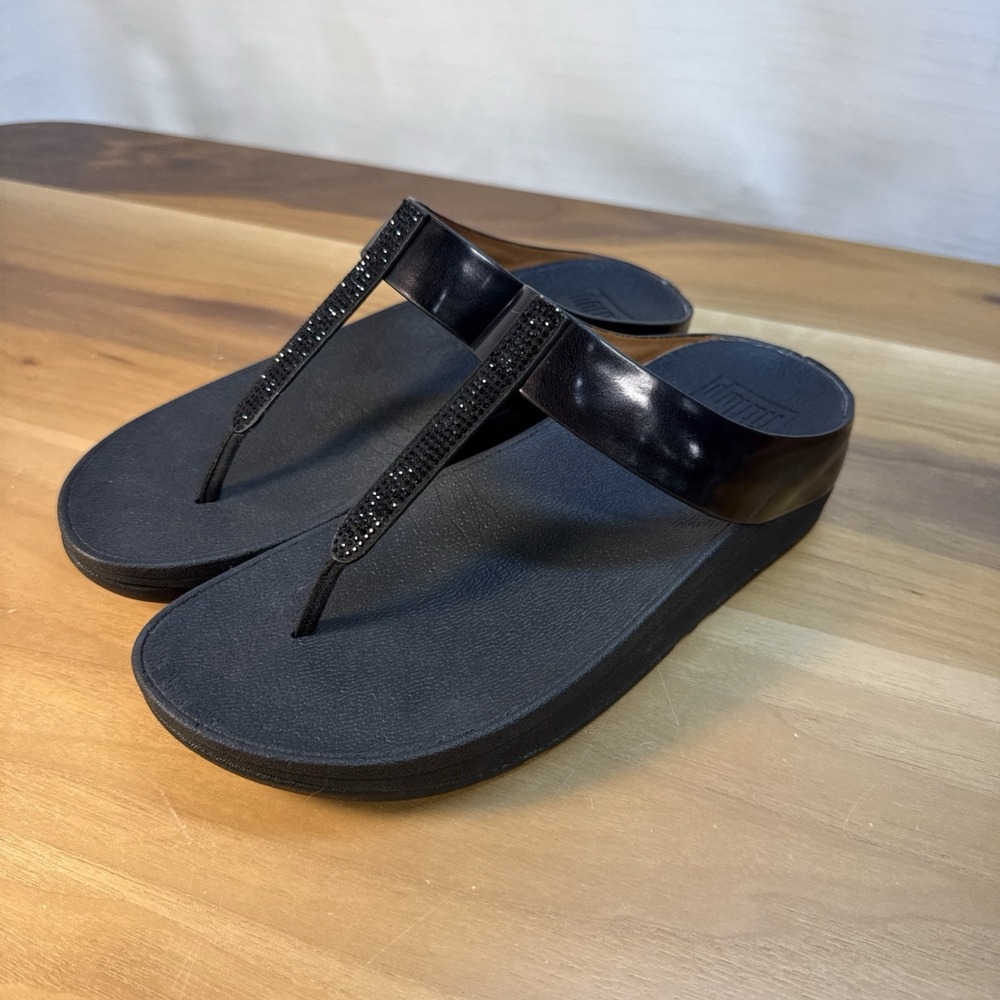 FitFlop Novy Crystal Embellished Toe-Post Sandals US Sz 6 Black Beach Vacation